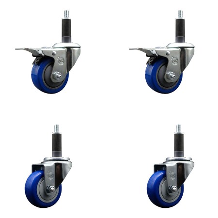Service Caster 3'' SS Blue Poly Swivel 1'' Expanding Stem Caster Set 2 Total Lock Brakes, 4PK SCC-SSEXTTL20S314-PPUB-BLUE-2-S-2-1